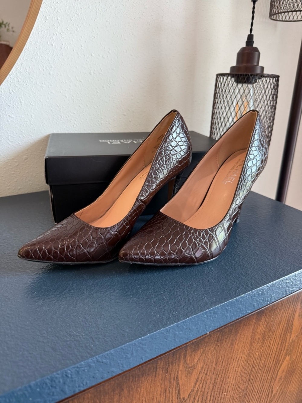 Michael Shannon Croc-Embossed Dark Brown Pointed-Toe Pumps